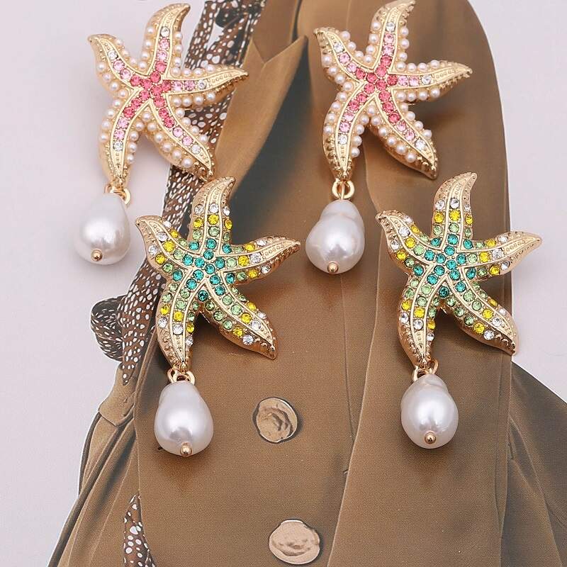 Starfish Crystal And Pearl Drop Earrings YongxiJewelry  1