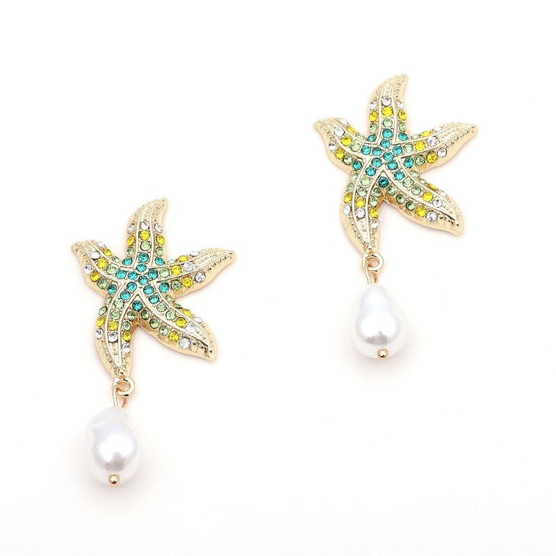 Starfish Crystal And Pearl Drop Earrings YongxiJewelry  blue 2