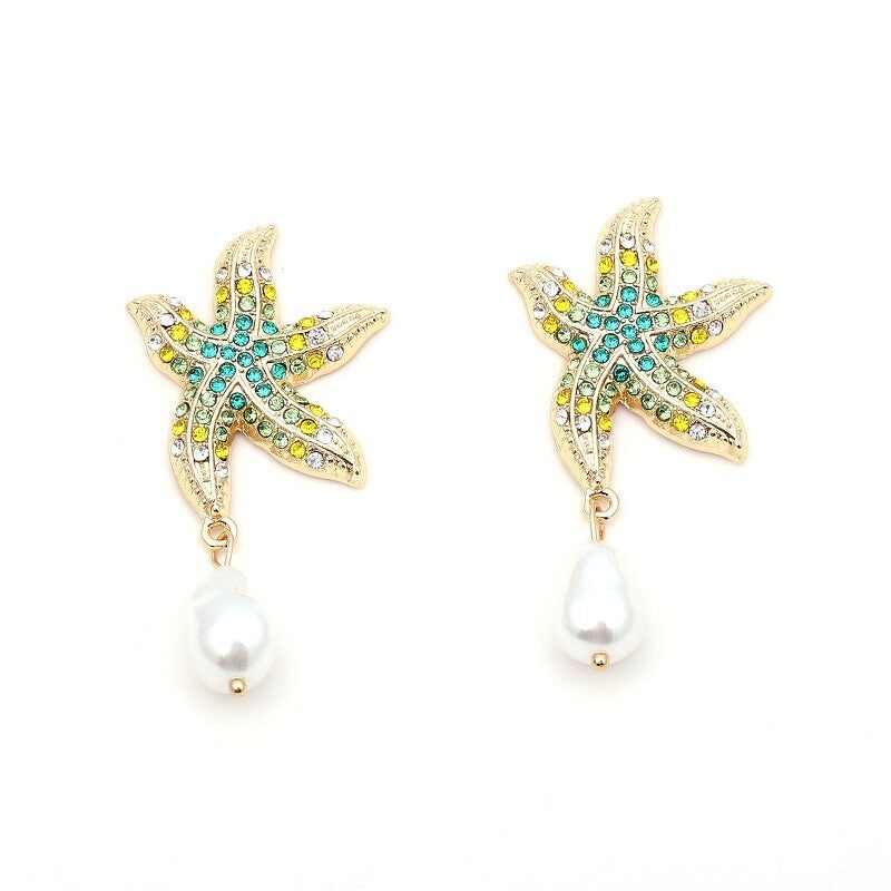 Starfish Crystal And Pearl Drop Earrings YongxiJewelry  blue