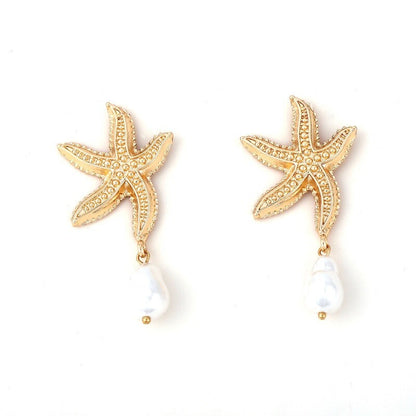 Starfish Crystal And Pearl Drop Earrings YongxiJewelry  gold