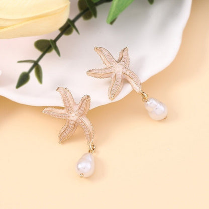 Starfish Crystal And Pearl Drop Earrings YongxiJewelry  lotus 2