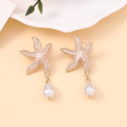 Starfish Crystal And Pearl Drop Earrings YongxiJewelry  lotus