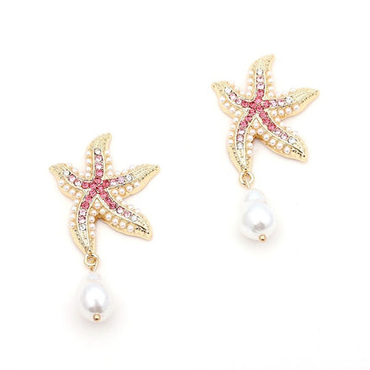 Starfish Crystal And Pearl Drop Earrings YongxiJewelry  pink 2