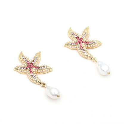 Starfish Crystal And Pearl Drop Earrings YongxiJewelry  pink 3