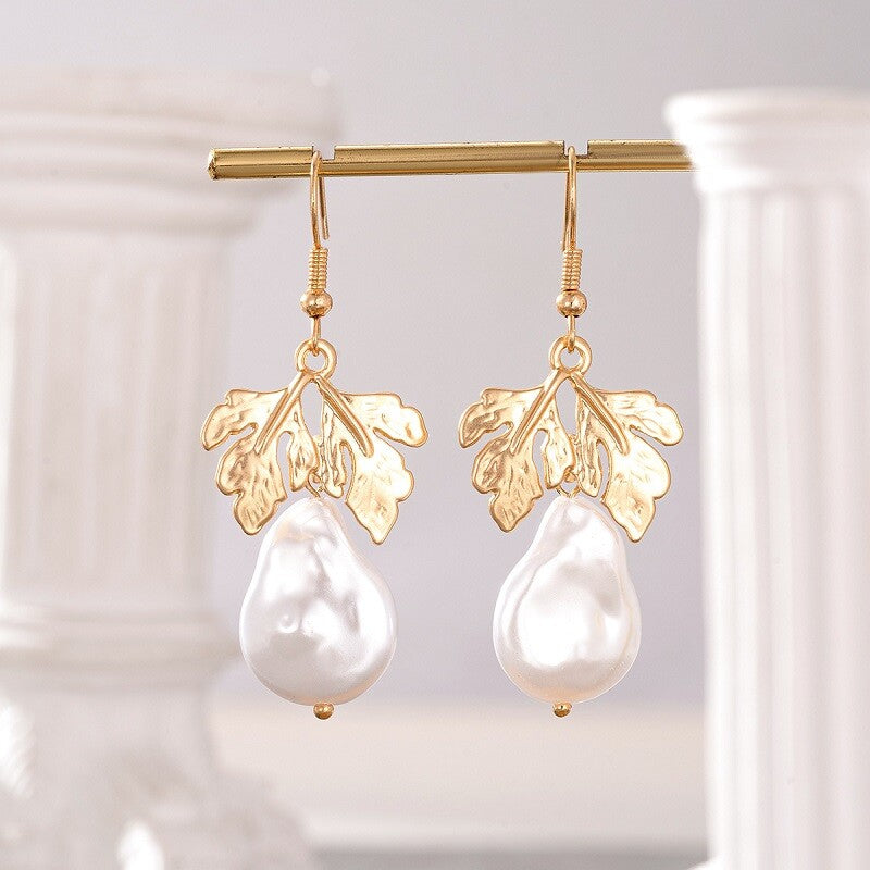 Vintage Gold Leaf And Baroque Pearl Drop Earrings YongxiJewelry 1