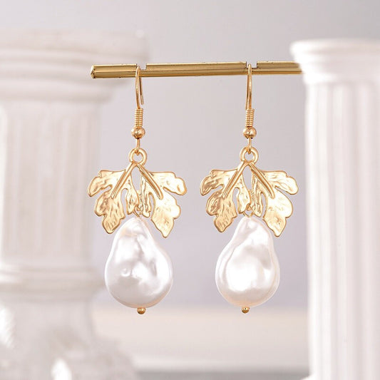 Vintage Gold Leaf And Baroque Pearl Drop Earrings YongxiJewelry 1