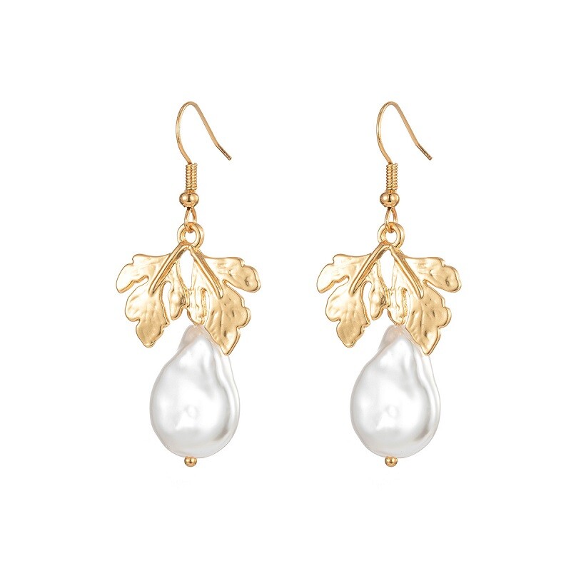 Vintage Gold Leaf And Baroque Pearl Drop Earrings YongxiJewelry 4