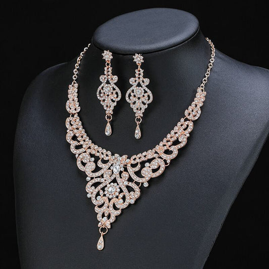 Vintage Rose Gold Rhinestones Necklace and Earrings Set YongxiJewelry 1