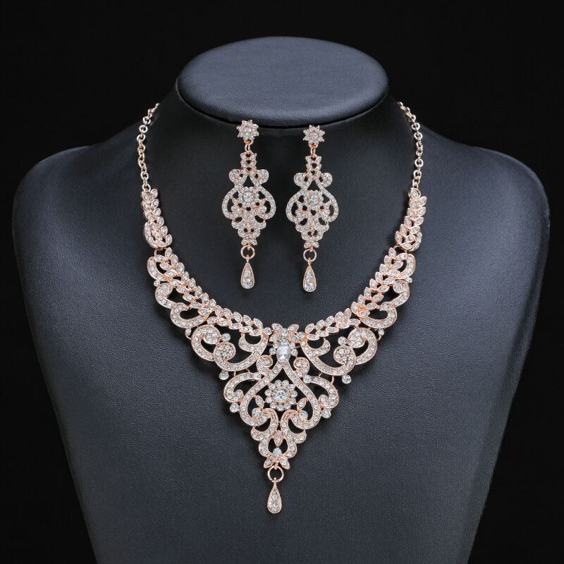 Vintage Rose Gold Rhinestones Necklace and Earrings Set YongxiJewelry 2