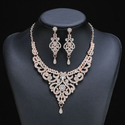 Vintage Rose Gold Rhinestones Necklace and Earrings Set YongxiJewelry 2