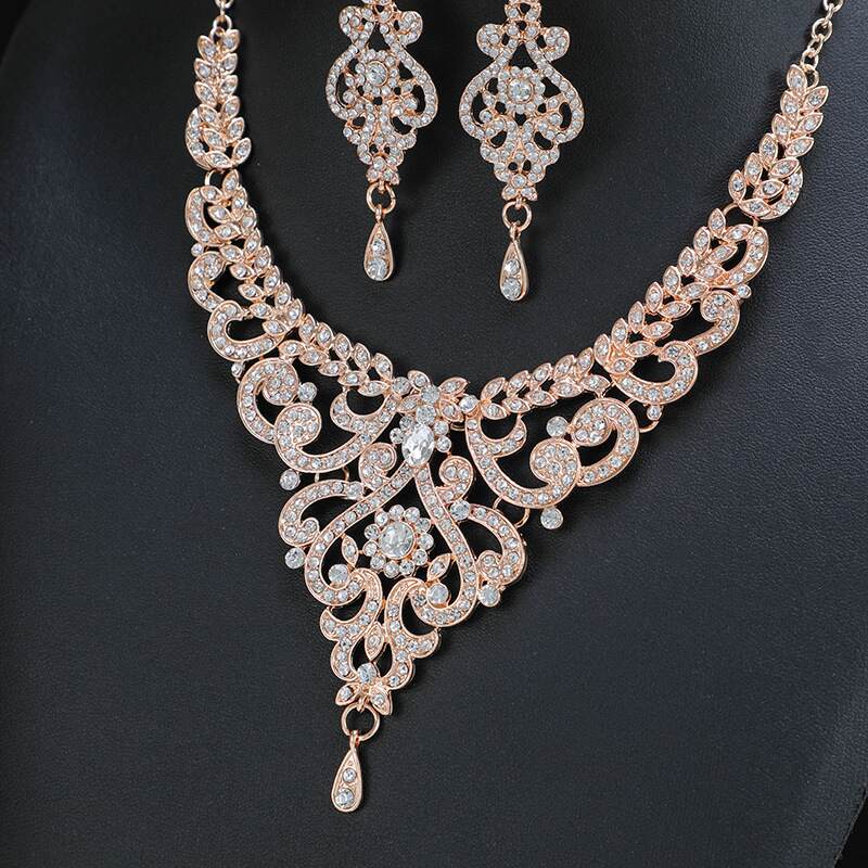 Vintage Rose Gold Rhinestones Necklace and Earrings Set YongxiJewelry 3