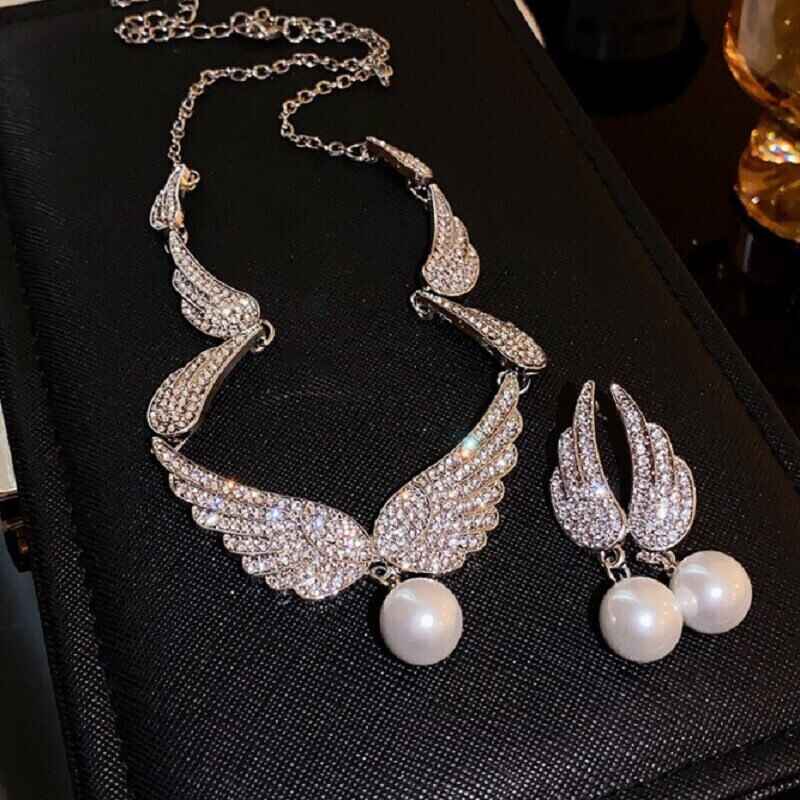 Winged Rhinestone Pearl   Necklace & Earrings Set YongxiJewelry 1