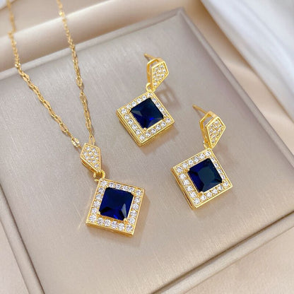 Zircon Rhinestones Necklace Earrings Set YongxiJewelry blue