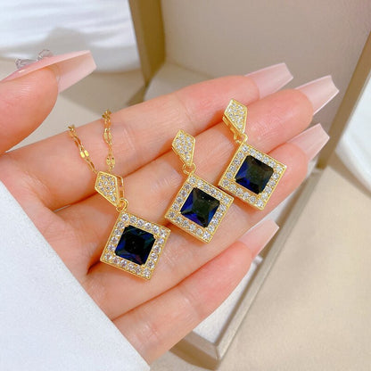 Zircon Rhinestones Necklace Earrings Set YongxiJewelry blue 1