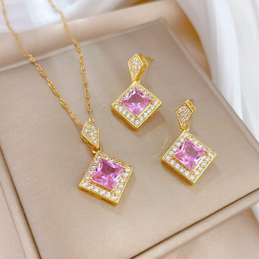 Zircon Rhinestones Necklace Earrings Set YongxiJewelry pink