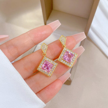 Zircon Rhinestones Necklace Earrings Set YongxiJewelry pink 1